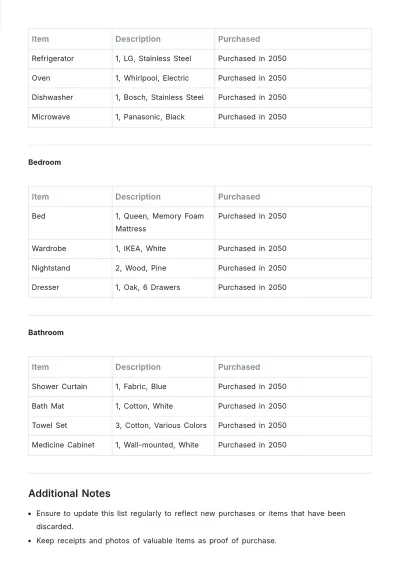 Free New Home Inventory List Template to Edit Online