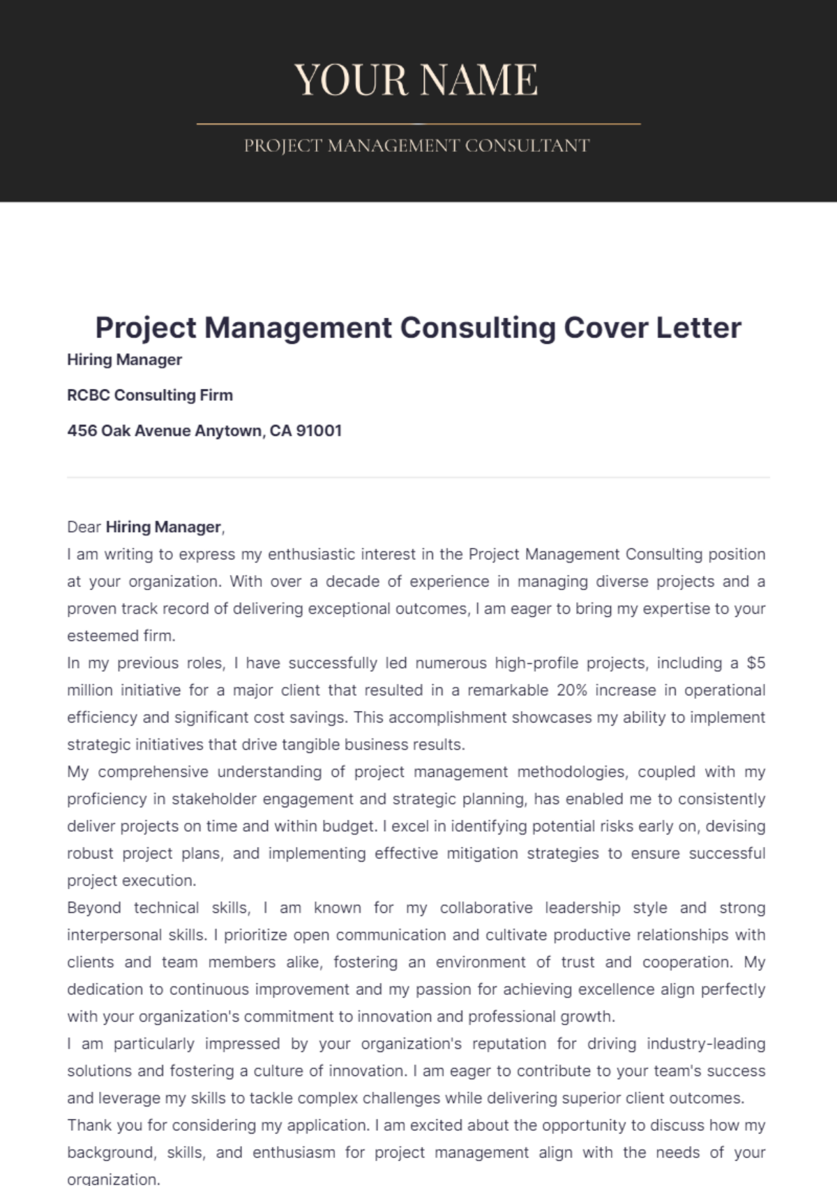 Project Management Consulting Cover Letter