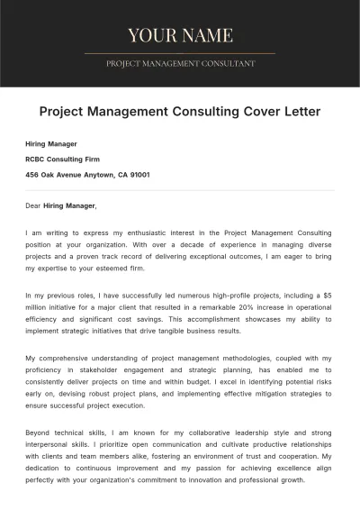 Free Project Management Consulting Cover Letter to Edit Online