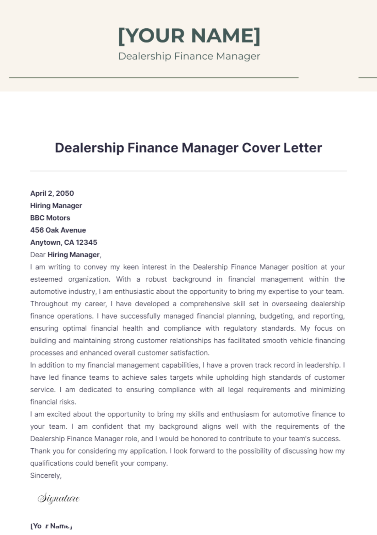 Dealership Finance Manager Cover Letter - Edit Online & Download