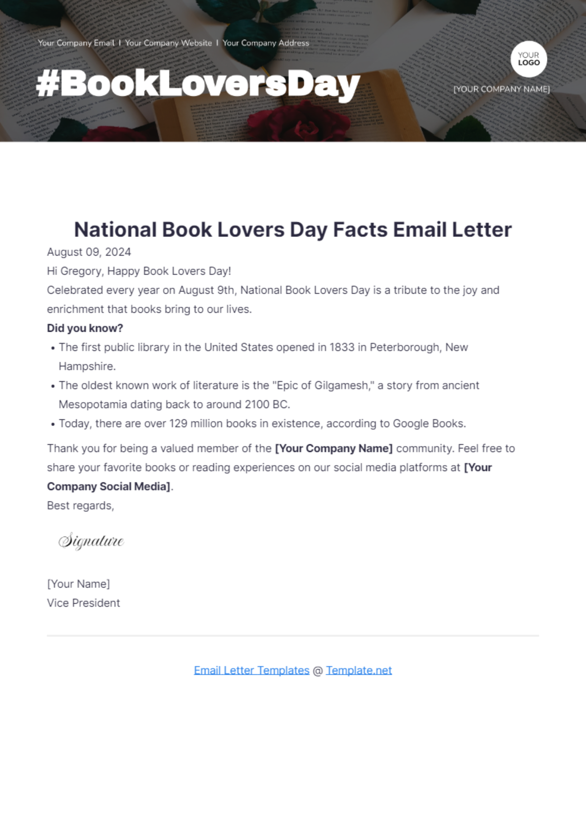 National Book Lovers Day Facts Email Letter Template - Edit Online & Download