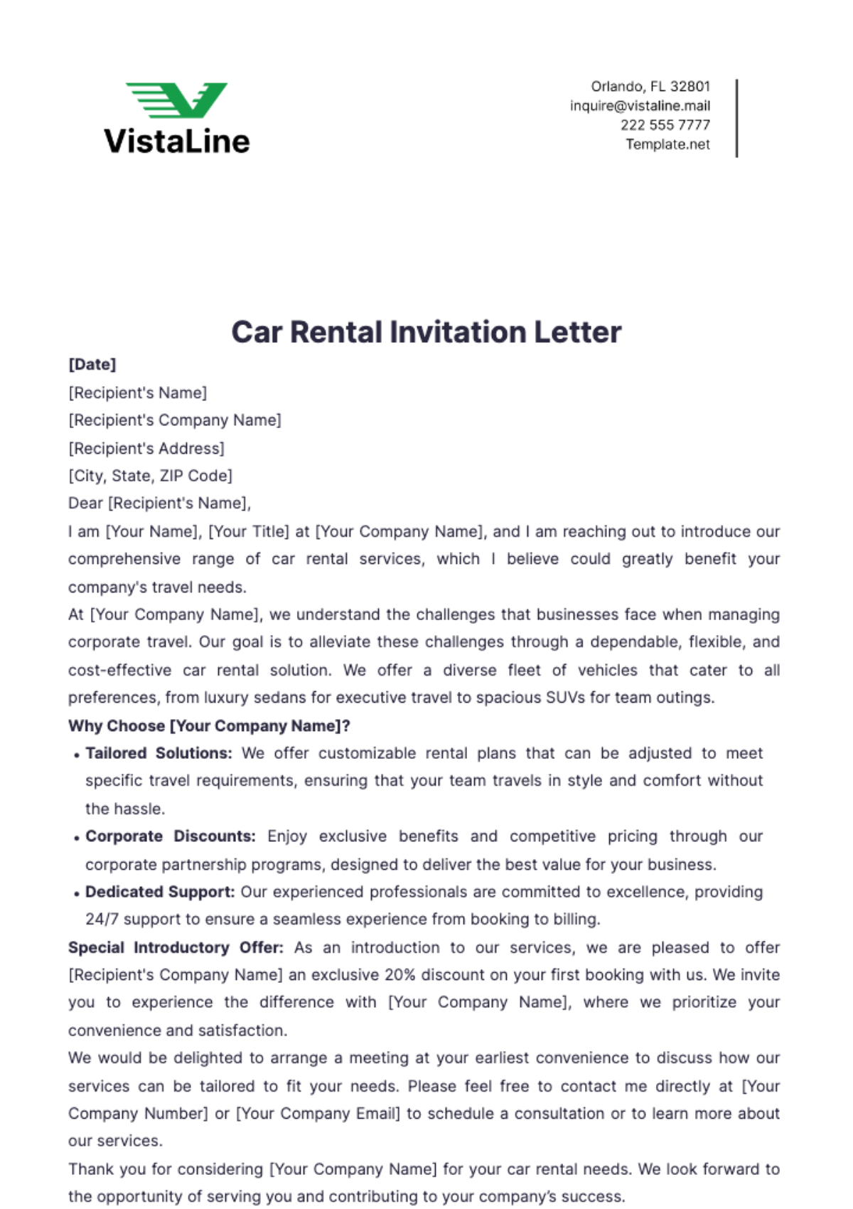 Car Rental Invitation Letter Template