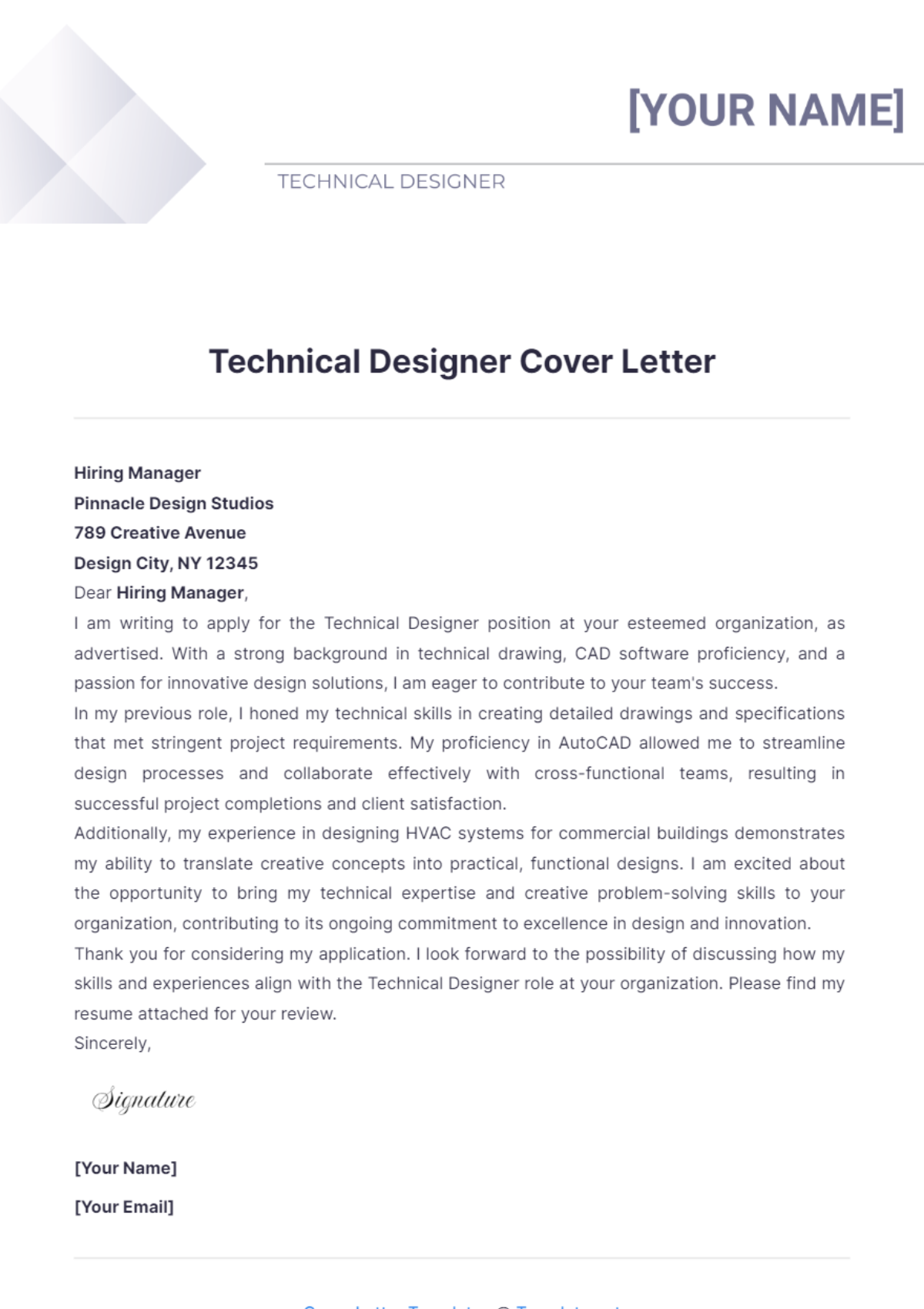 Technical Designer Cover Letter - Edit Online & Download