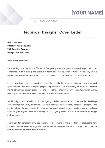 Free Technical Designer Cover Letter to Edit Online