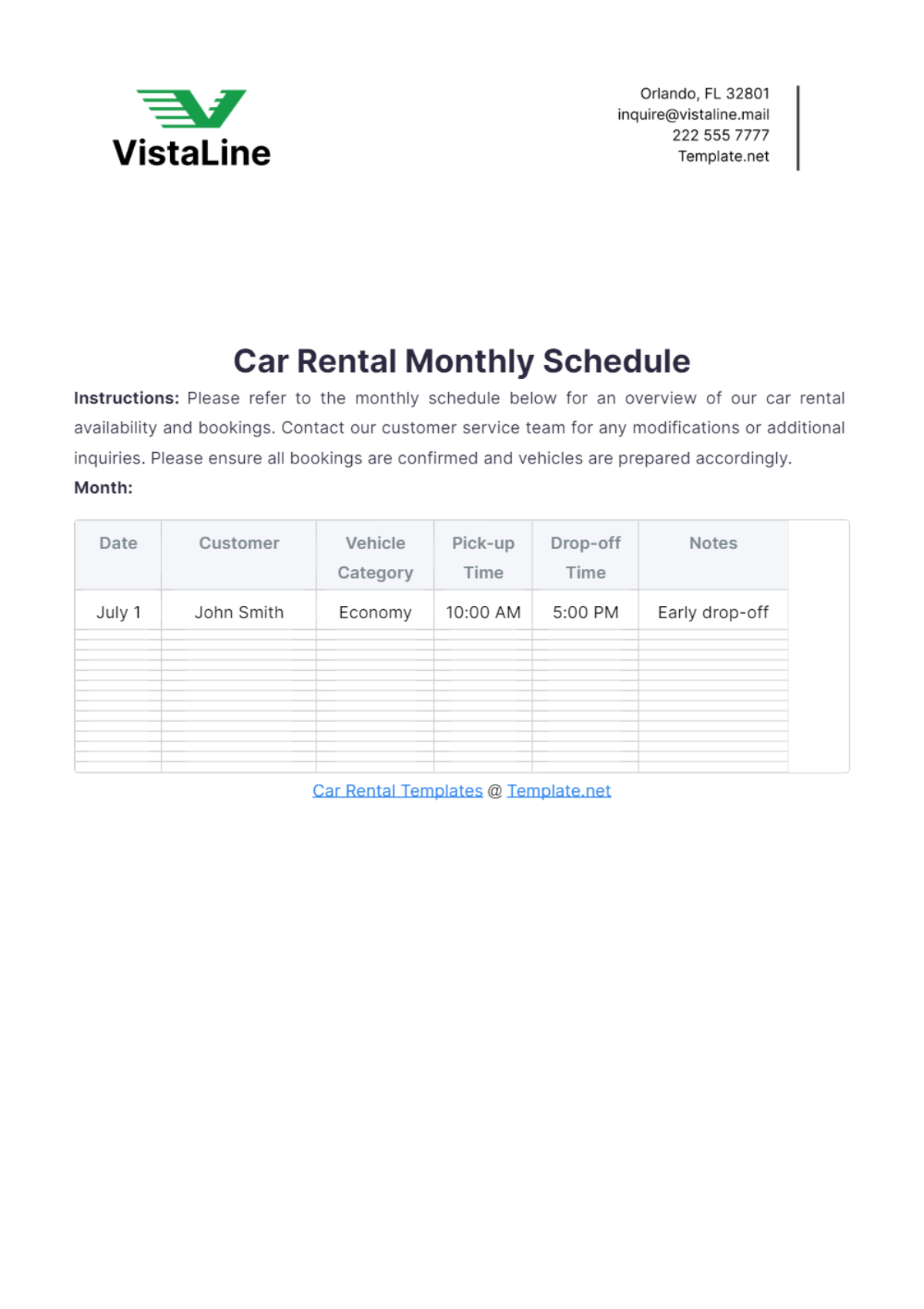 Car Rental Monthly Schedule Template - Edit Online & Download