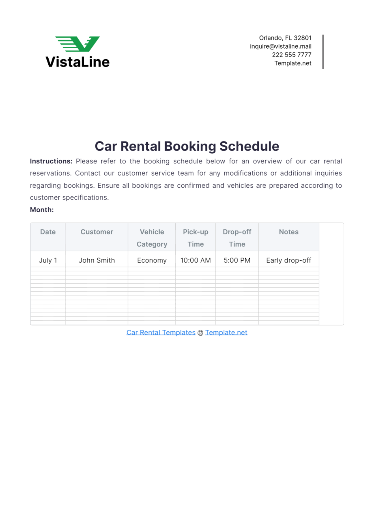 Car Rental Booking Schedule Template - Edit Online & Download