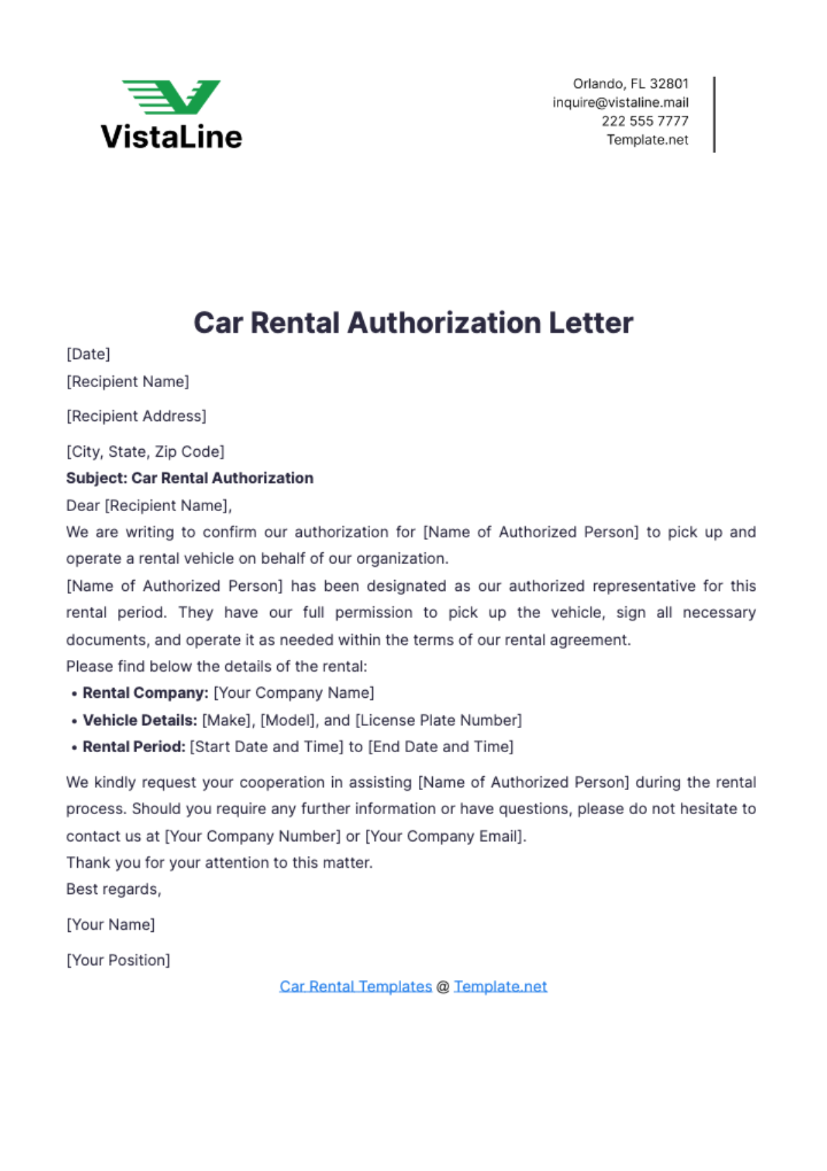 Car Rental Authorization Letter Template - Edit Online & Download