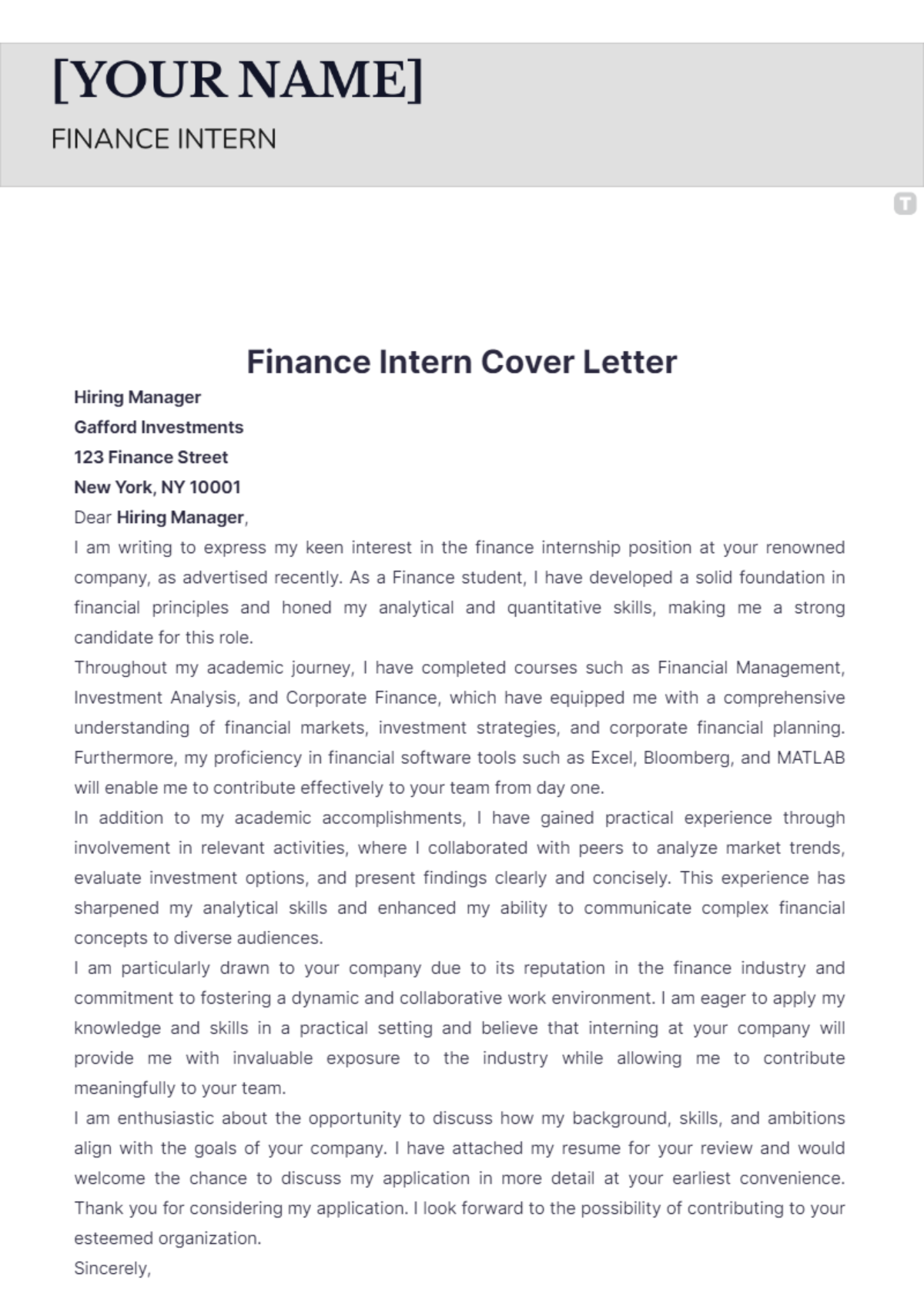 Finance Intern Cover Letter - Edit Online & Download