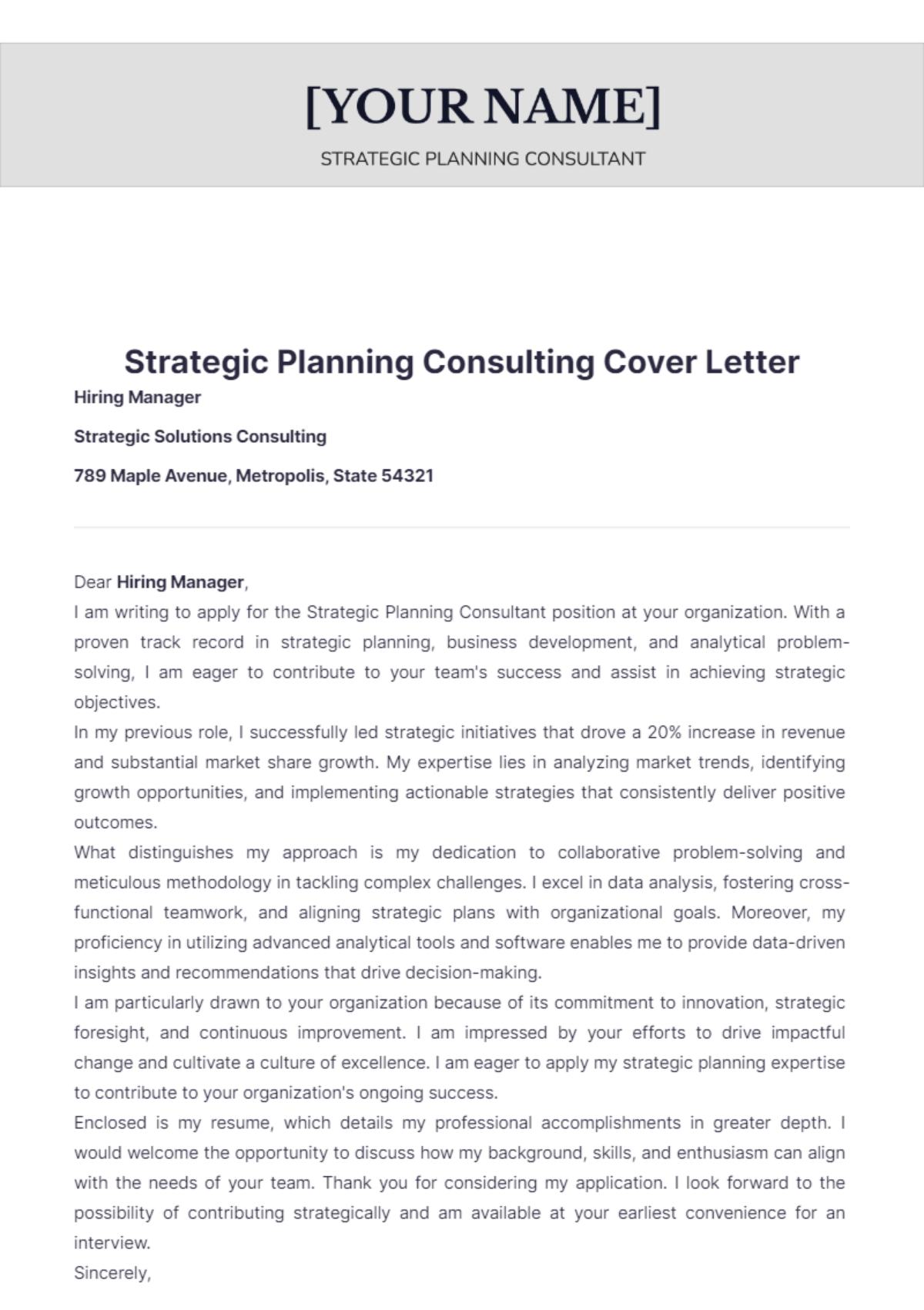 Strategic Planning Consulting Cover Letter