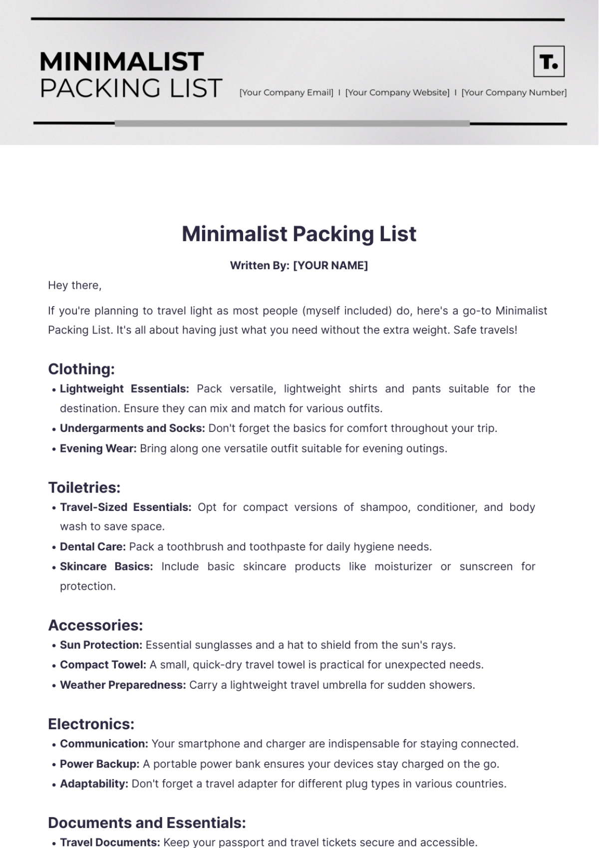 Minimalist Packing List Template - Edit Online & Download