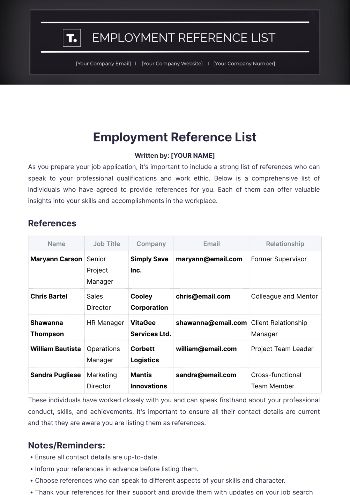 Employment Reference List Template - Edit Online & Download