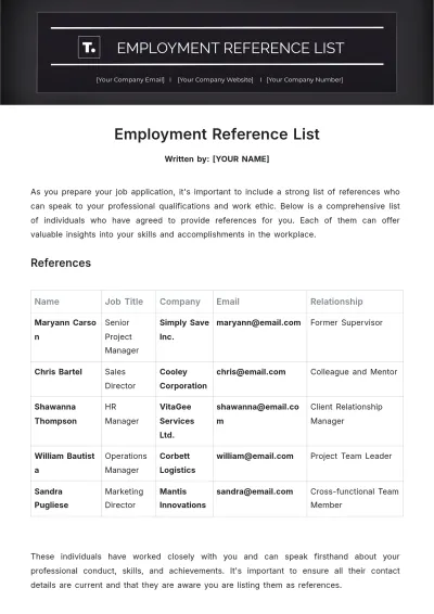 Free Employment Reference List Template to Edit Online