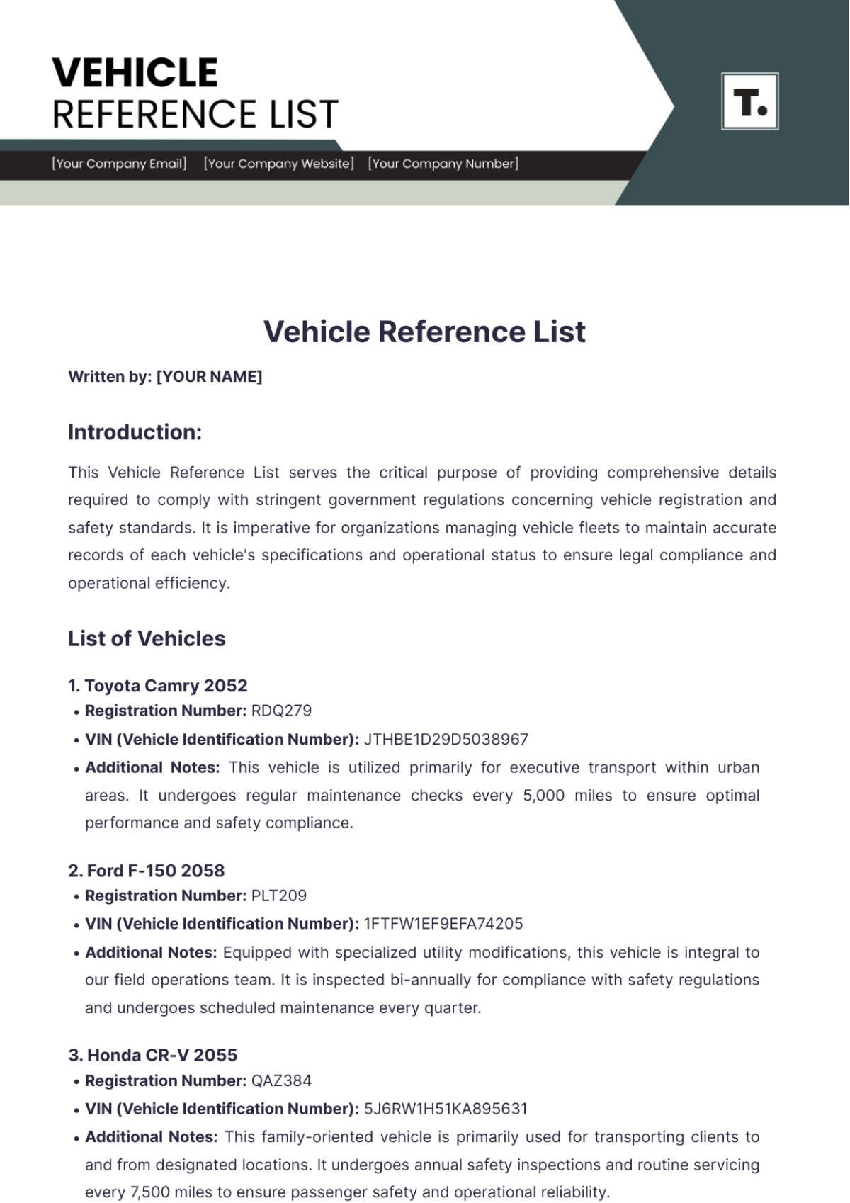 Vehicle Reference List Template - Edit Online & Download