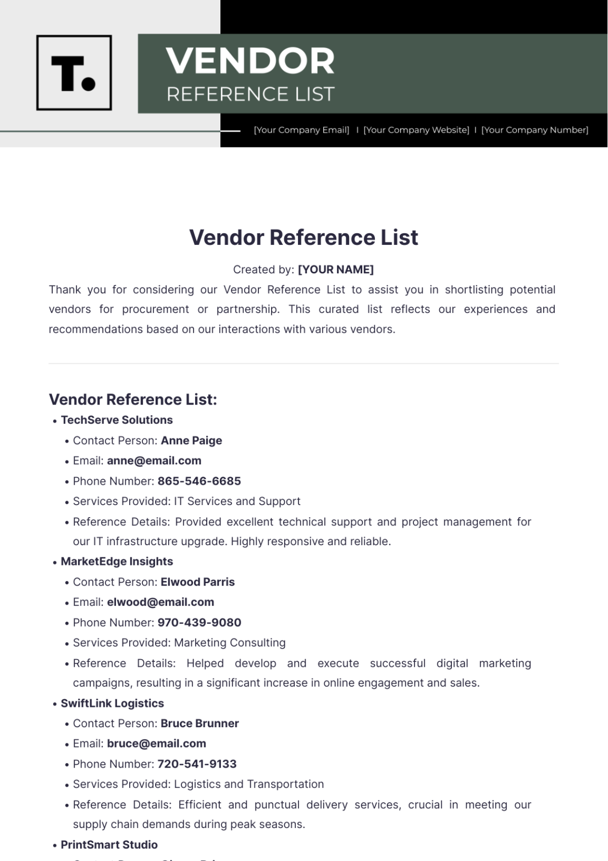 Vendor Reference List Template - Edit Online & Download