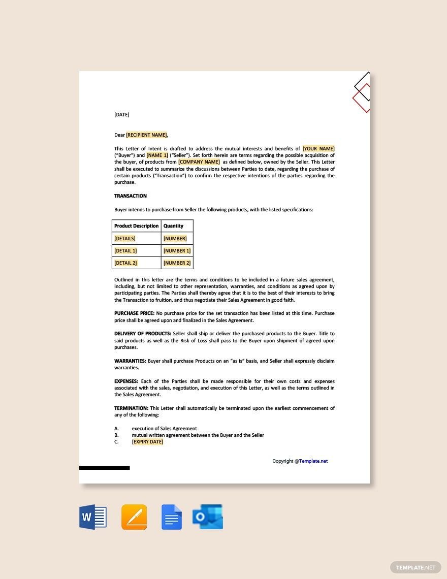 Letter of Intent to Purchase Product Template