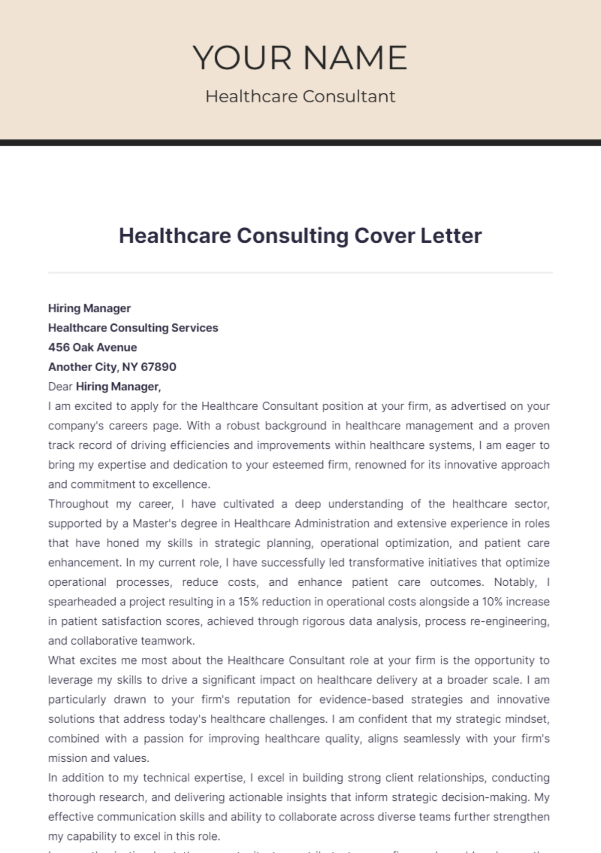 Healthcare Consulting Cover Letter