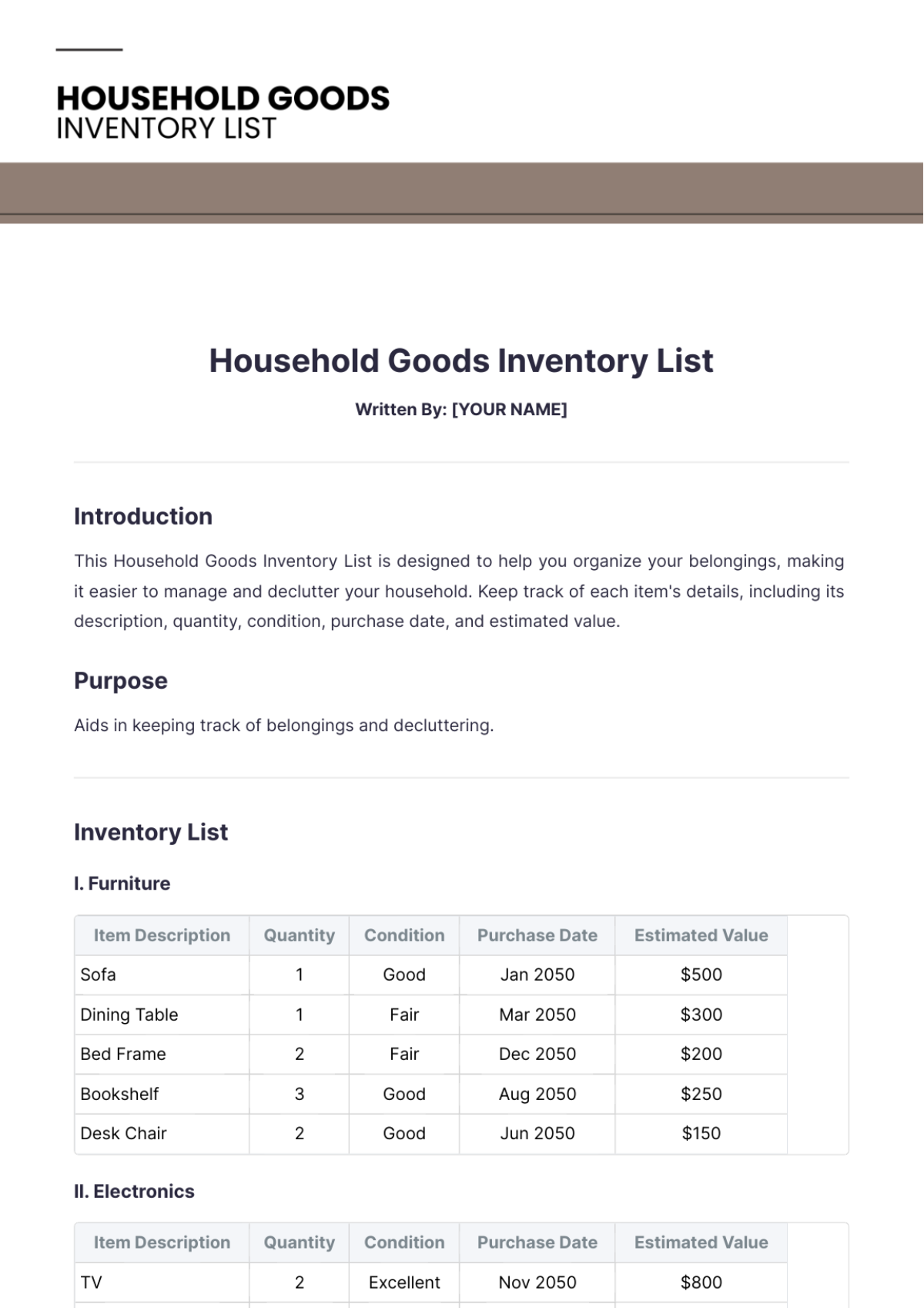 Household Goods Inventory List Template - Edit Online & Download