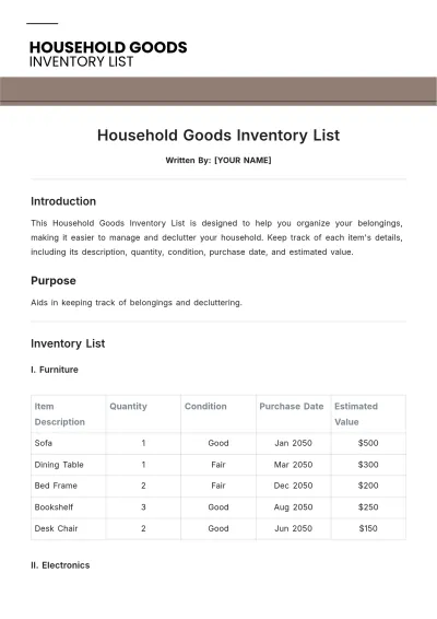 Free Household Goods Inventory List Template to Edit Online