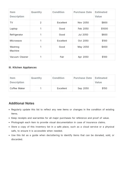 Free Household Goods Inventory List Template to Edit Online