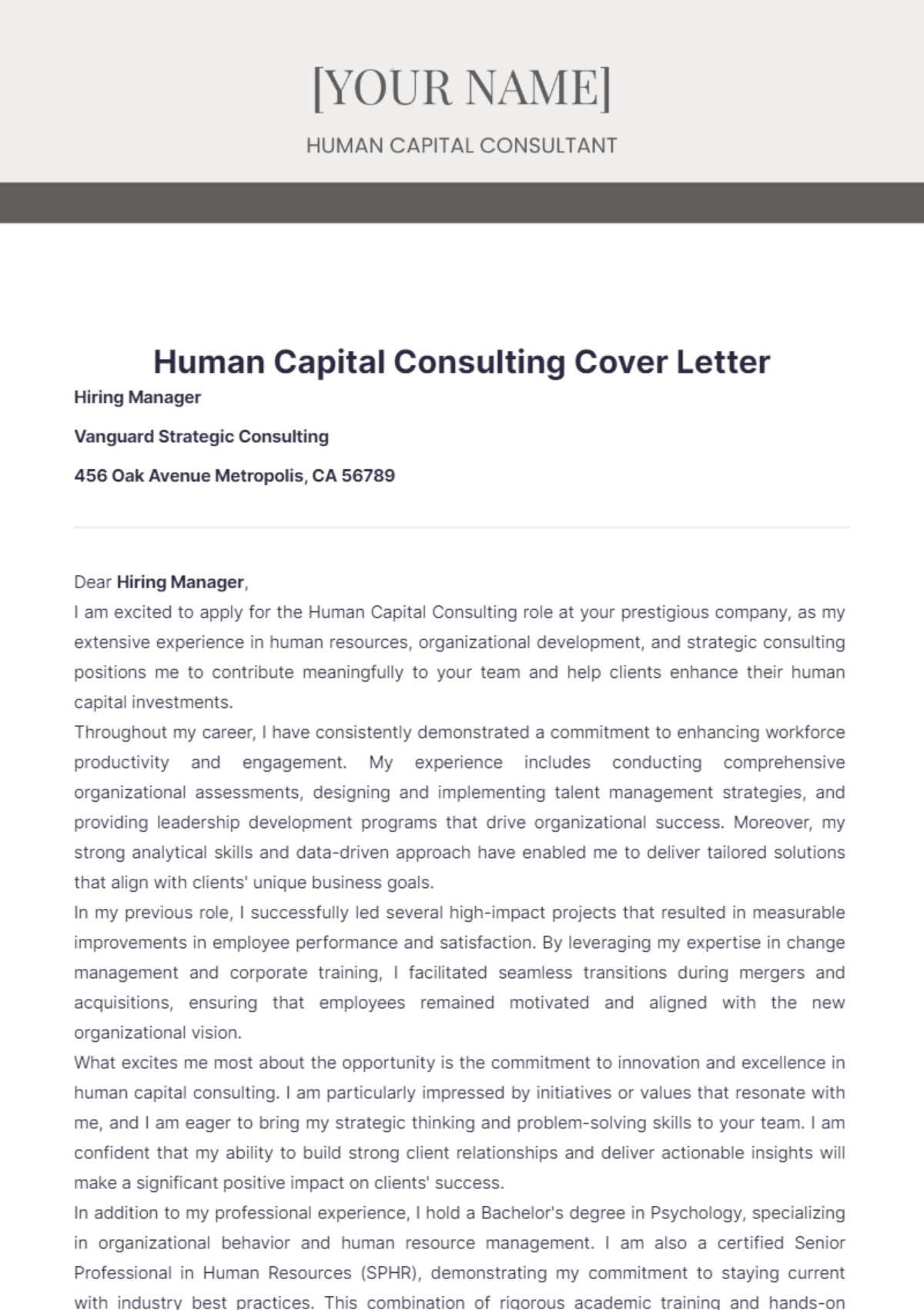 Human Capital Consulting Cover Letter