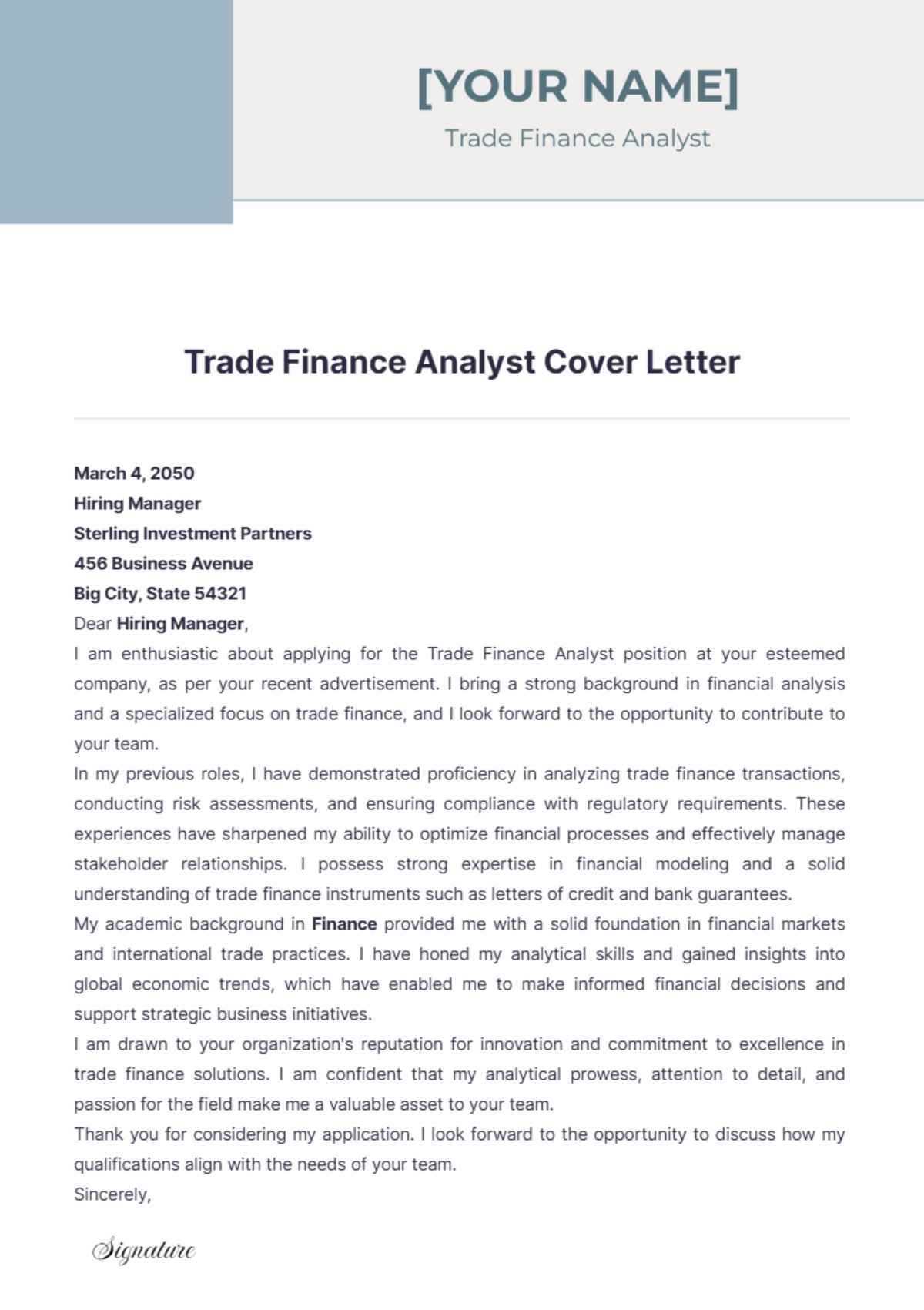 Trade Finance Analyst Cover Letter - Edit Online & Download