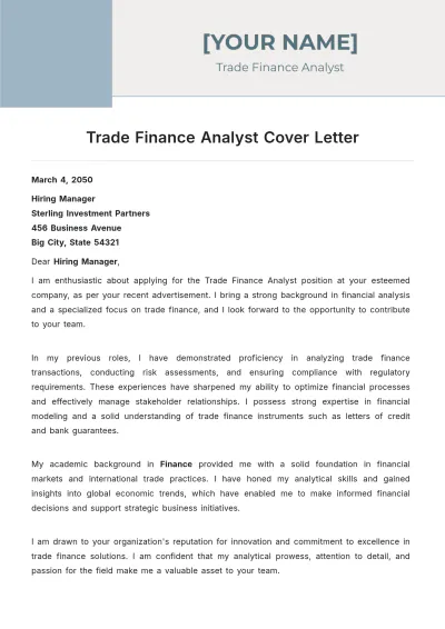 Free Trade Finance Analyst Cover Letter to Edit Online