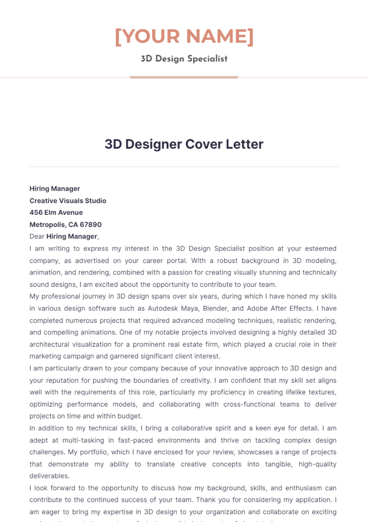 3D Designer Cover Letter