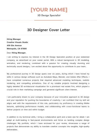 Free 3D Designer Cover Letter to Edit Online