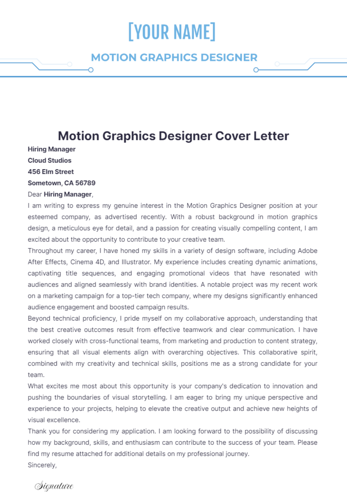 Motion Graphics Designer Cover Letter - Edit Online & Download