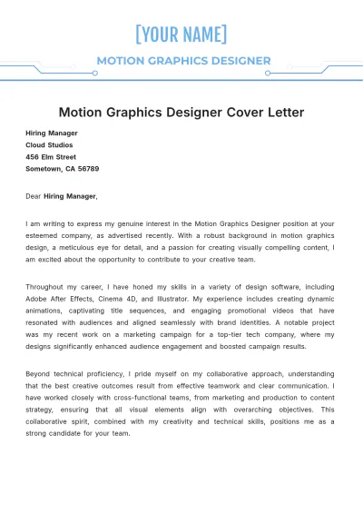 Free Motion Graphics Designer Cover Letter to Edit Online