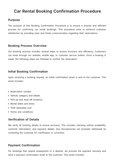 Free Car Rental Booking Confirmation Procedure Template to Edit Online