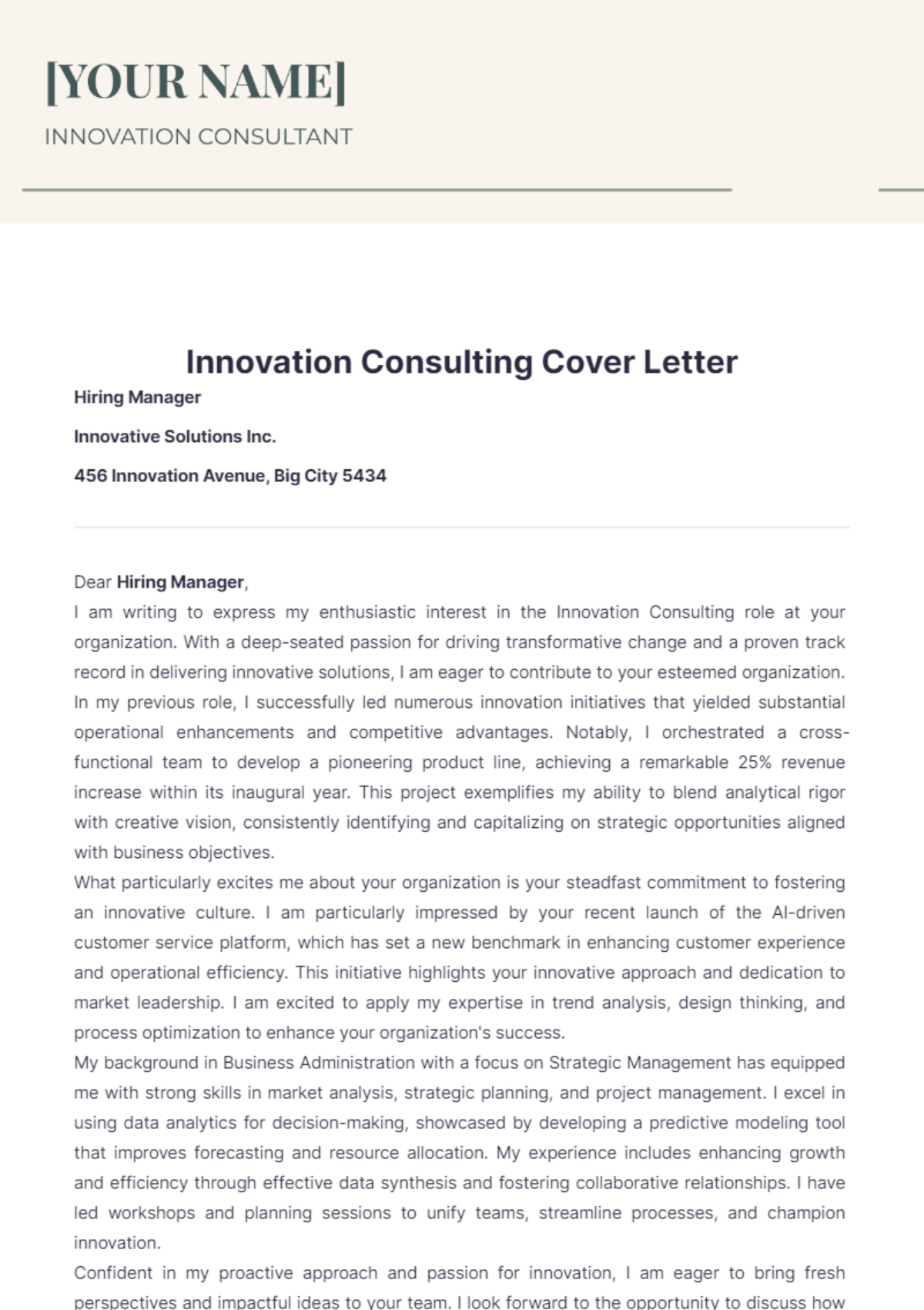 Innovation Consulting Cover Letter