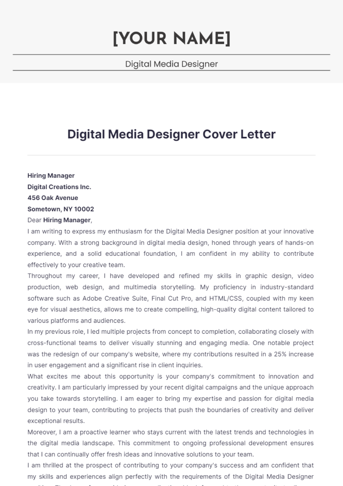 Digital Media Designer Cover Letter