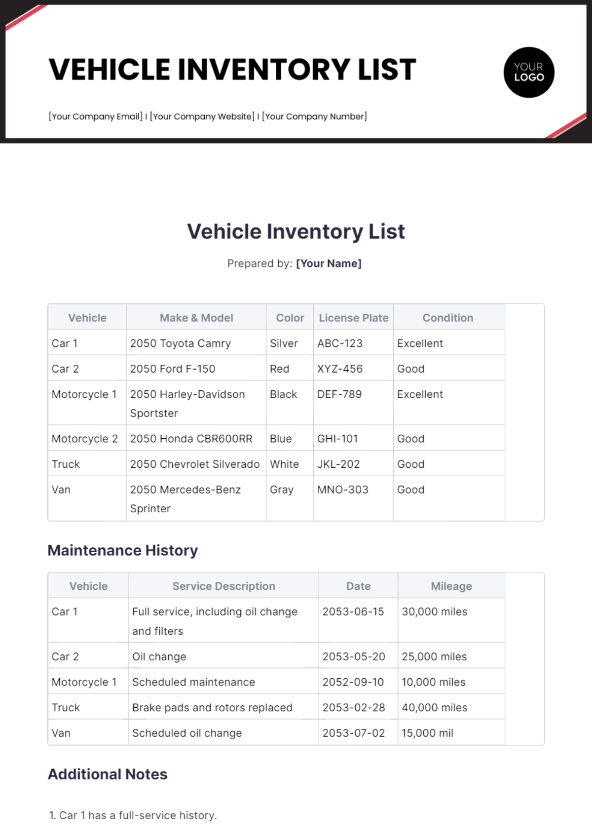 Vehicle Inventory List Template