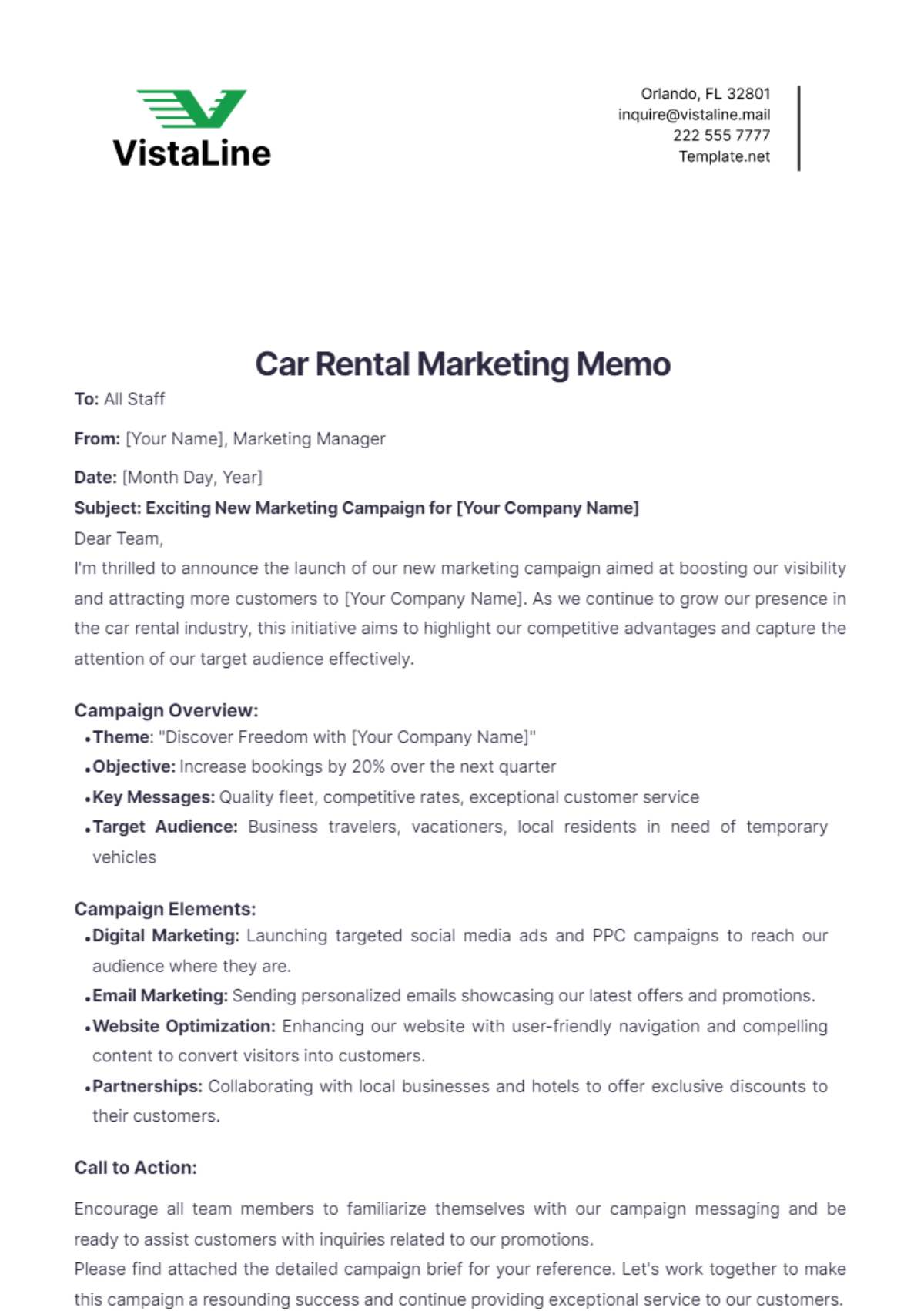 Car Rental Marketing Memo Template - Edit Online & Download