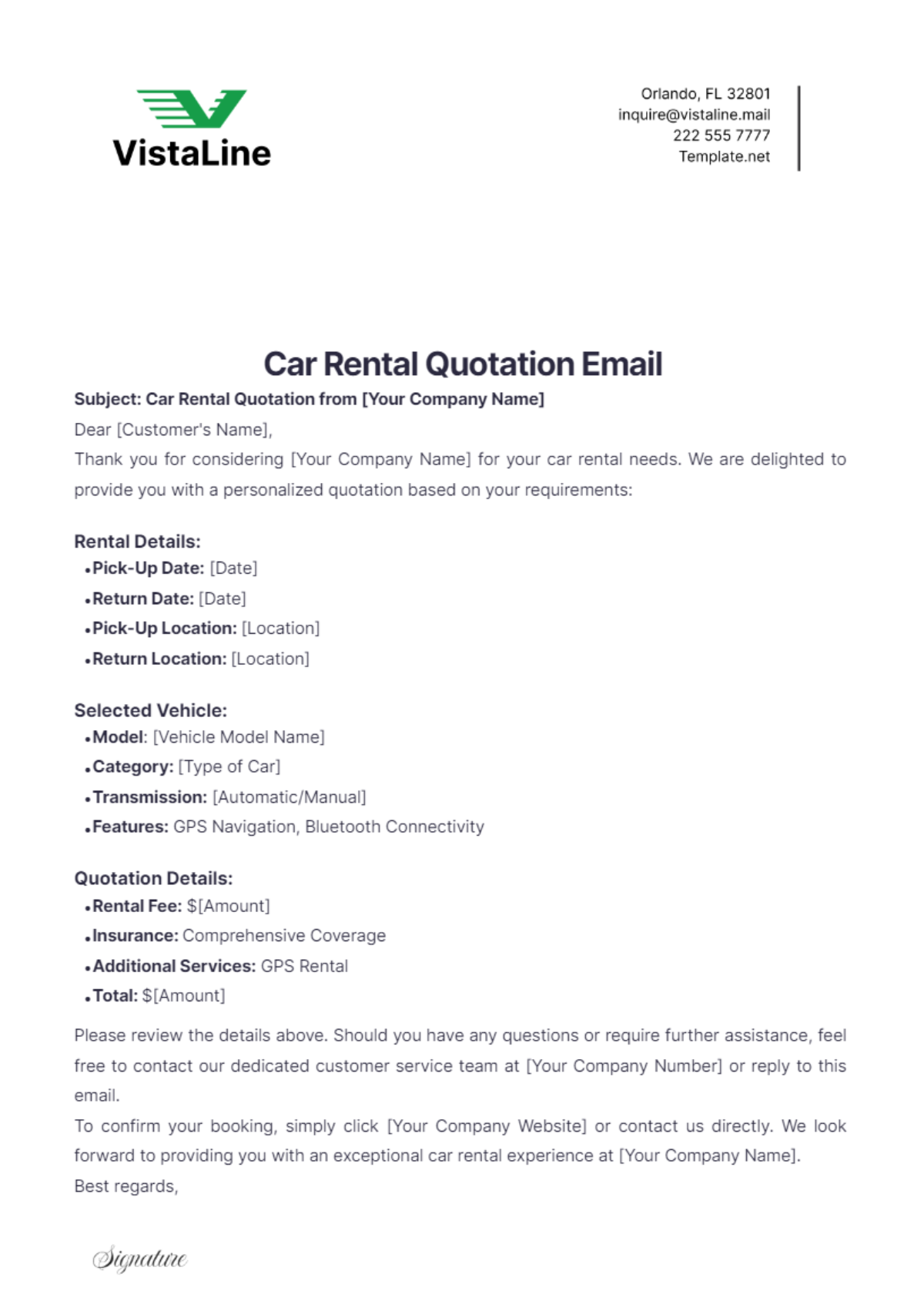 Free Car Rental Quotation Email Template to Edit Online