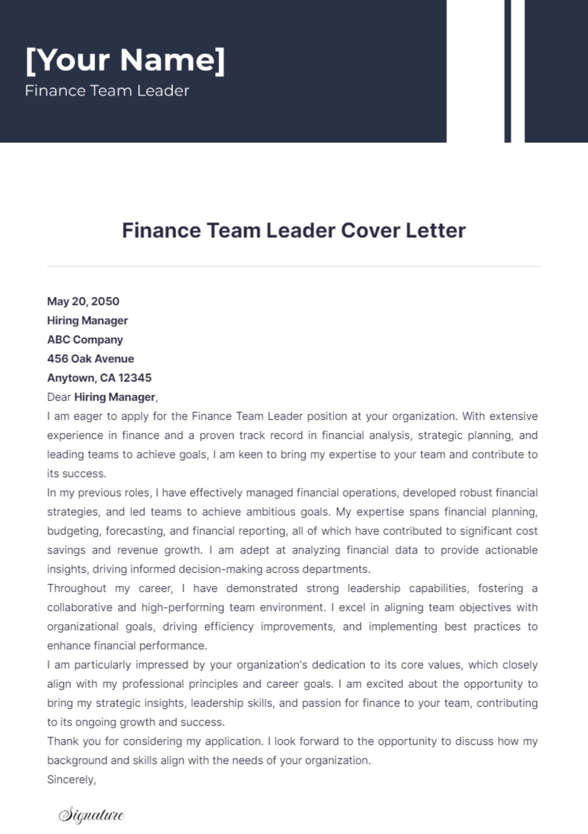 Finance Team Leader Cover Letter - Edit Online & Download