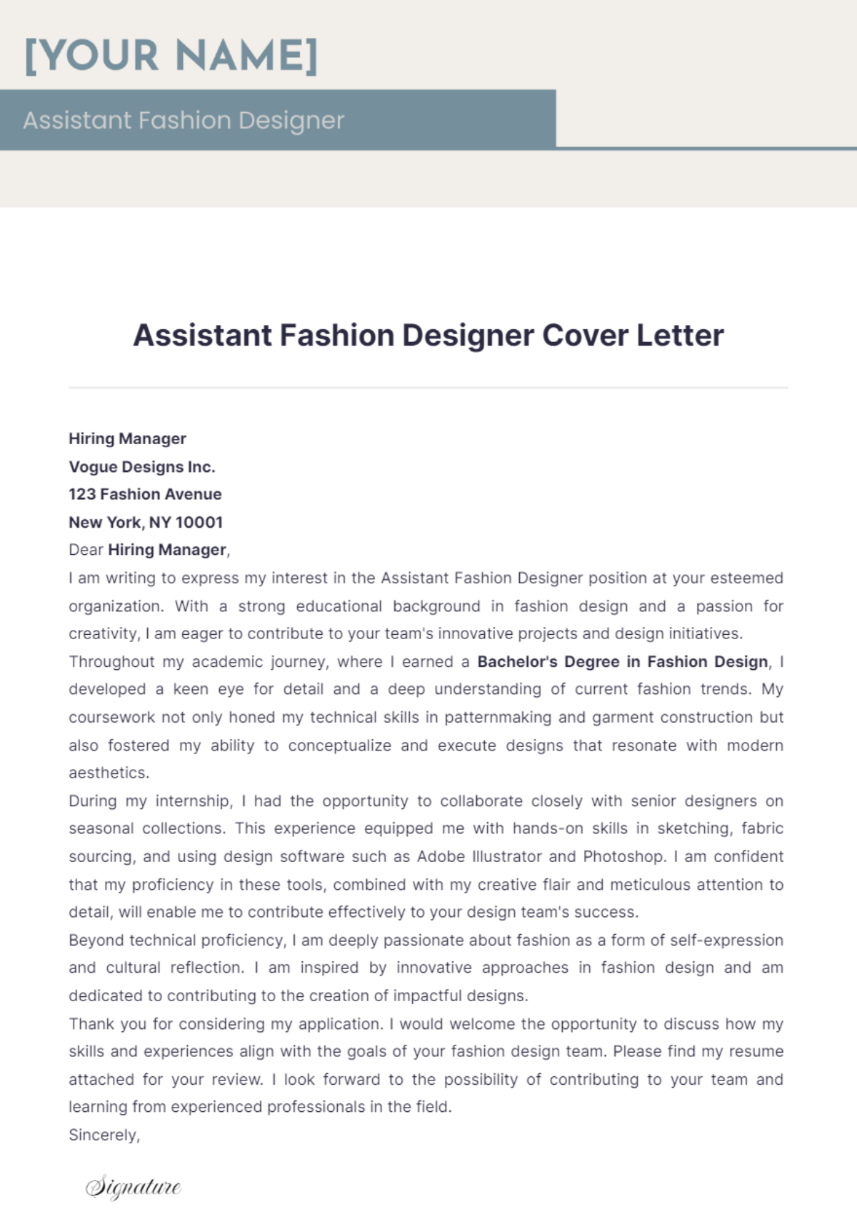 Assistant Fashion Designer Cover Letter - Edit Online & Download