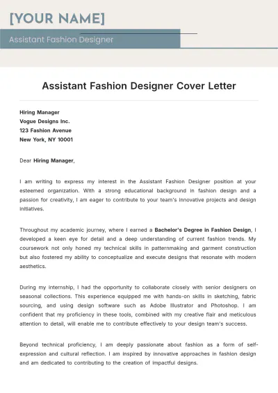 Free Assistant Fashion Designer Cover Letter to Edit Online