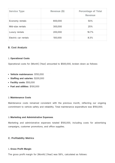 Free Car Rental Monthly Report Template to Edit Online