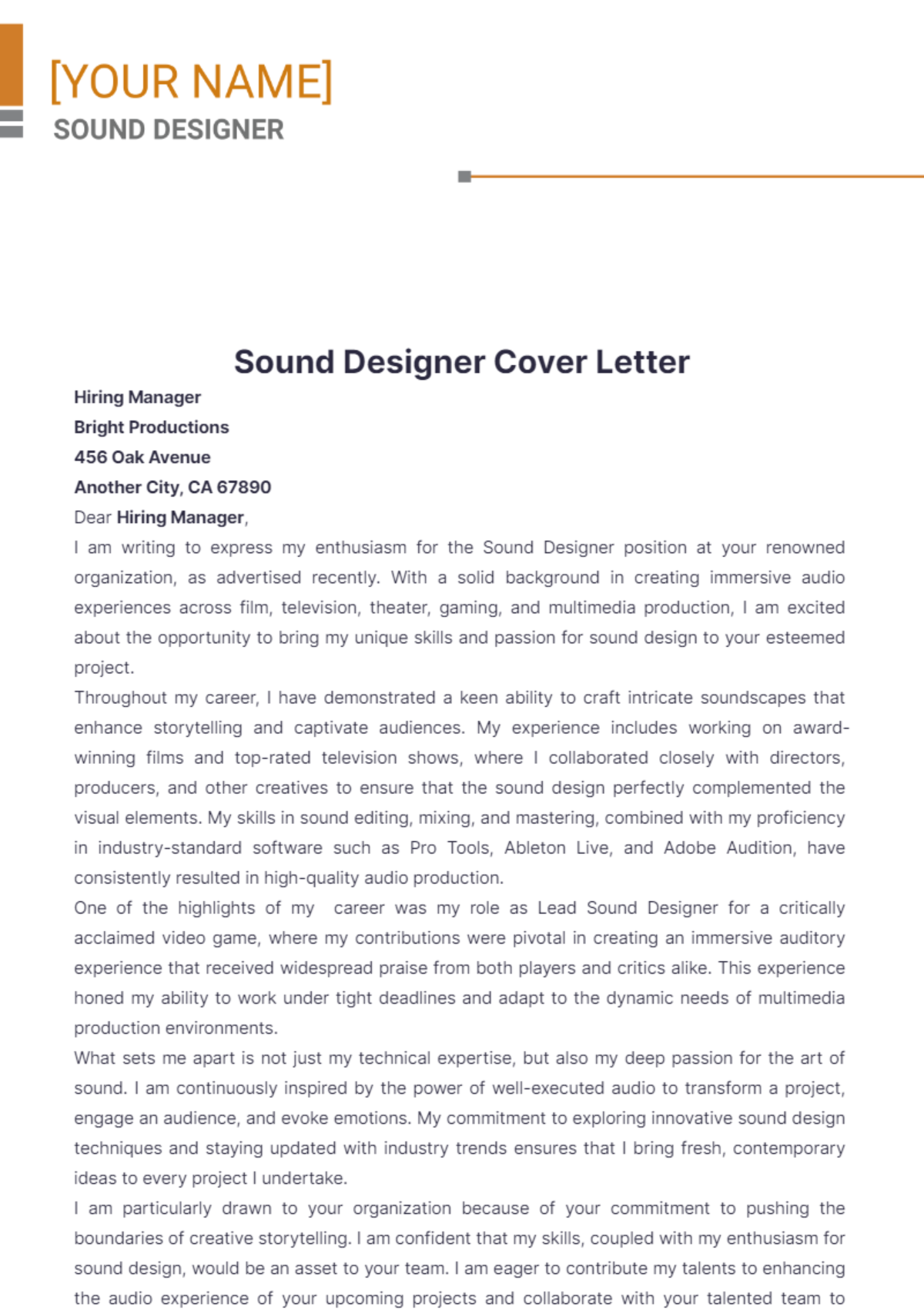 Sound Designer Cover Letter