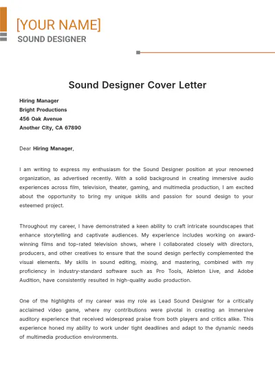 Free Sound Designer Cover Letter to Edit Online