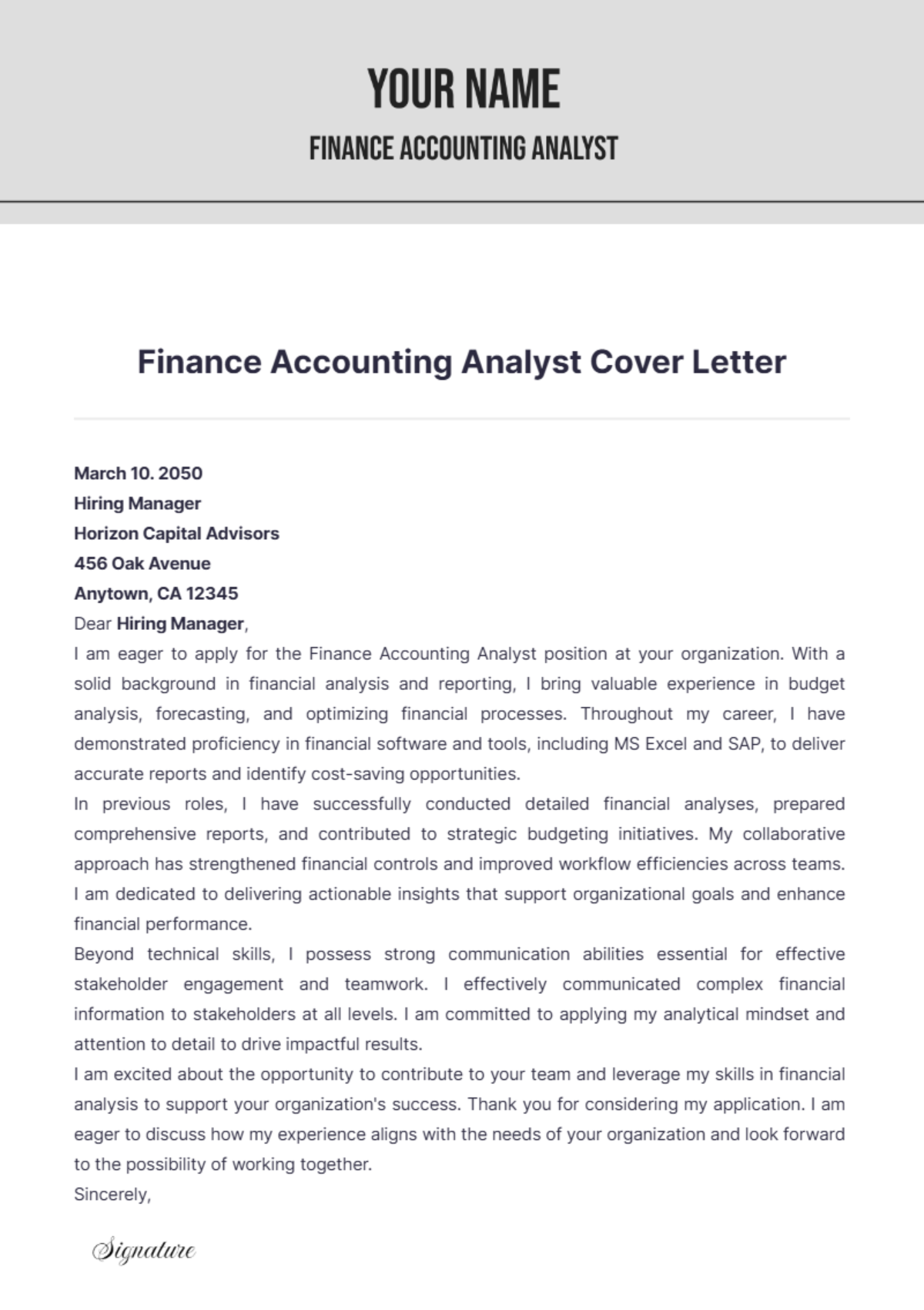 Finance Accounting Analyst Cover Letter - Edit Online & Download