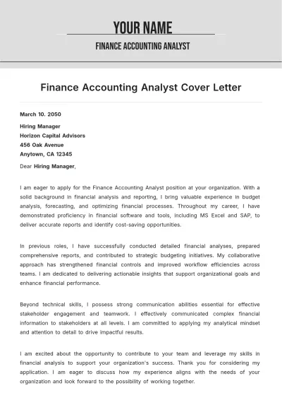 Free Finance Accounting Analyst Cover Letter to Edit Online