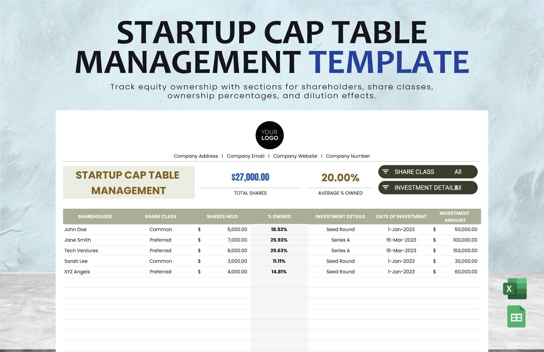 Startup Cap Table Management Template in Excel, Google Sheets