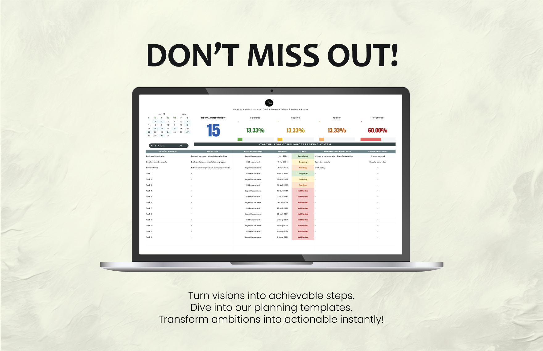 Startup Legal Compliance Tracking System Template