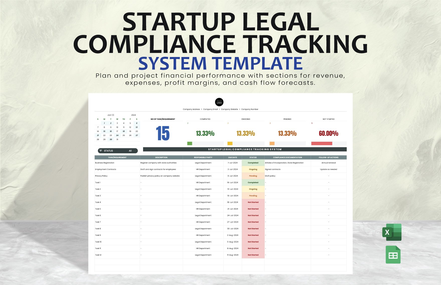 Startup Legal Compliance Tracking System Template in Excel, Google Sheets