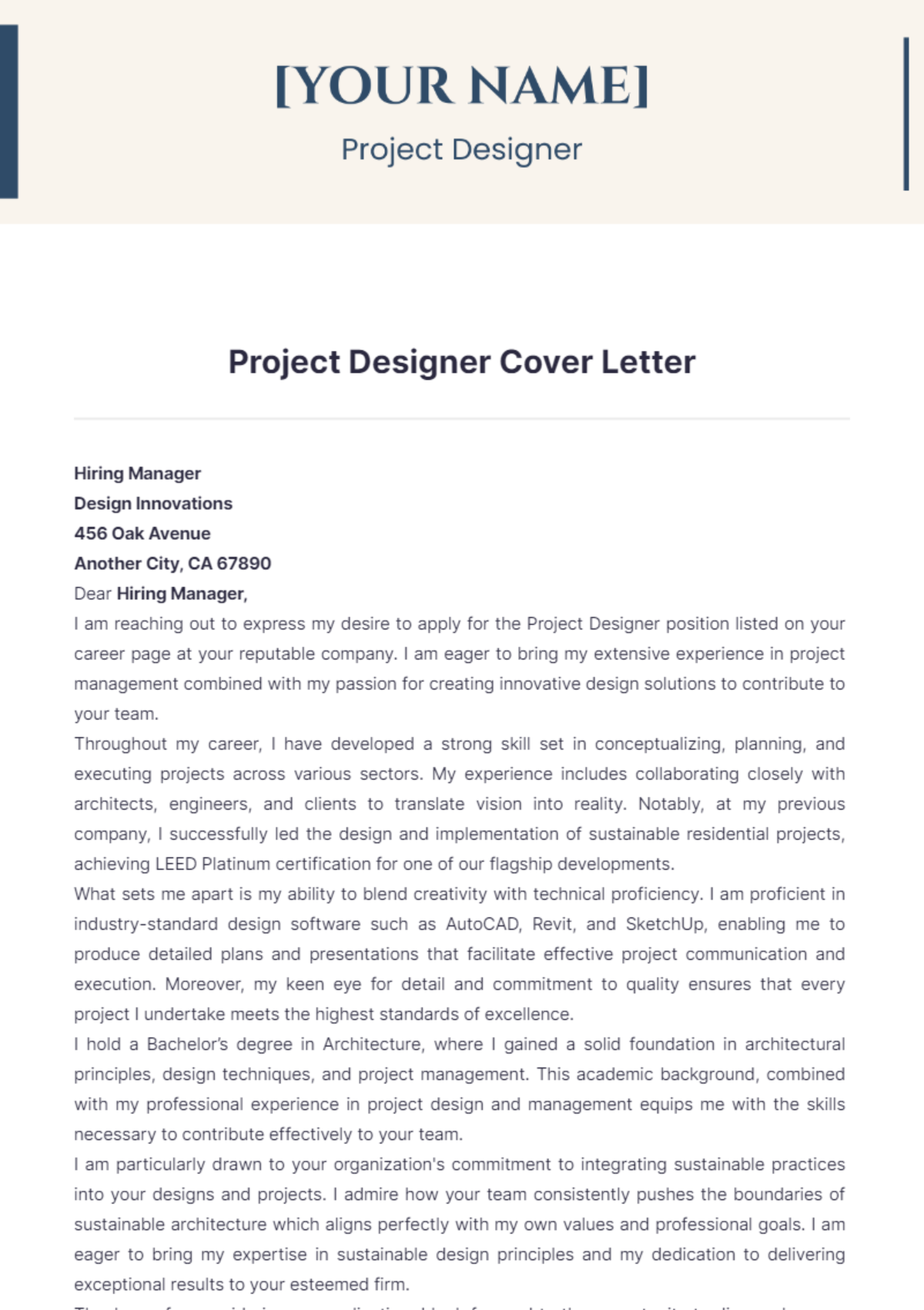 Project Designer Cover Letter - Edit Online & Download