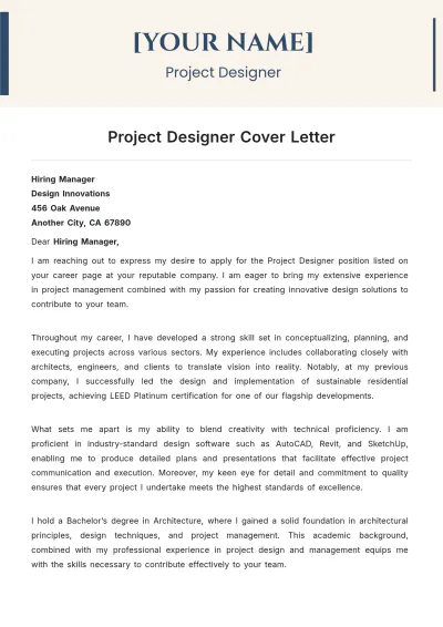 Free Project Designer Cover Letter to Edit Online