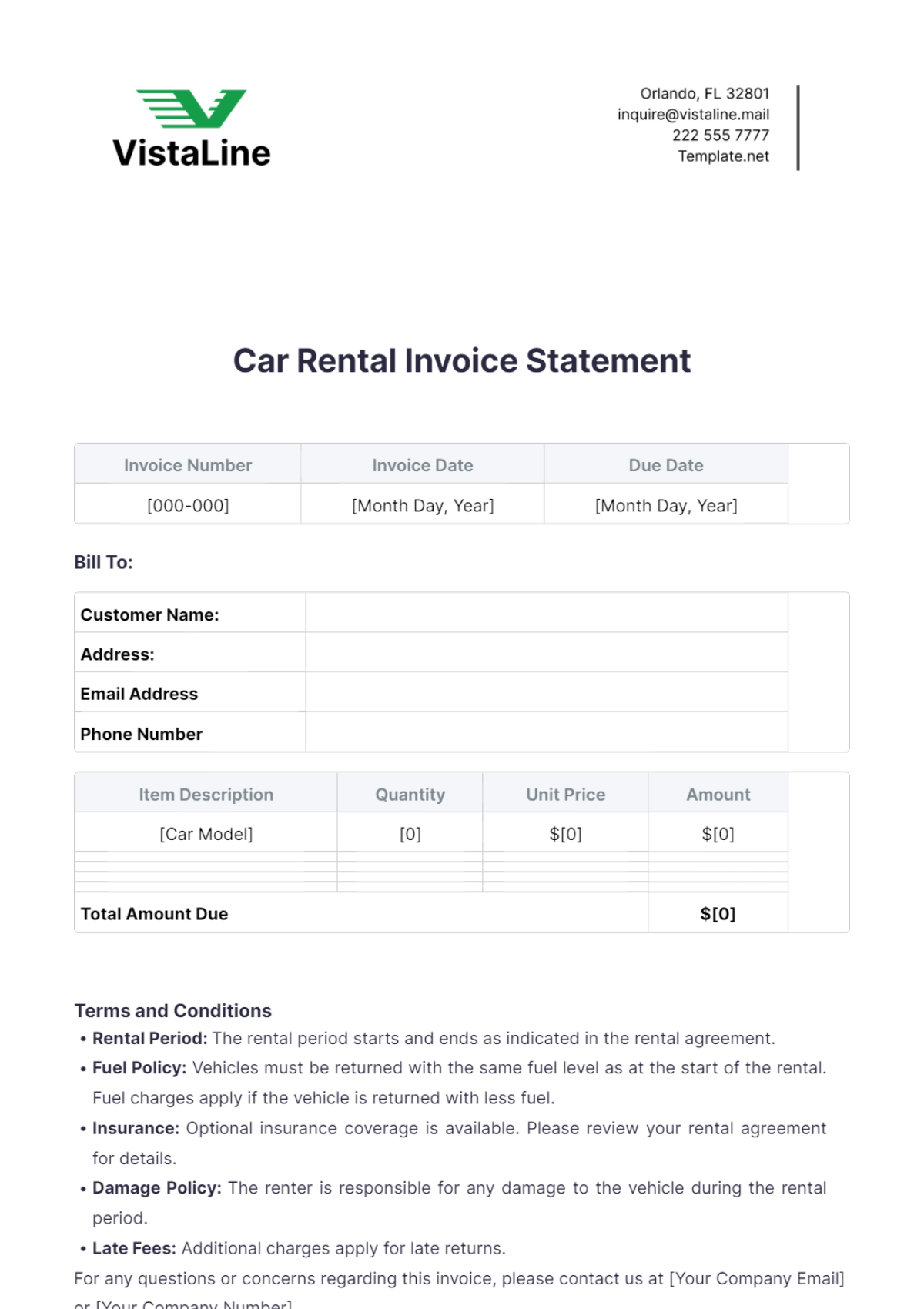 Car Rental Invoice Statement Template - Edit Online & Download